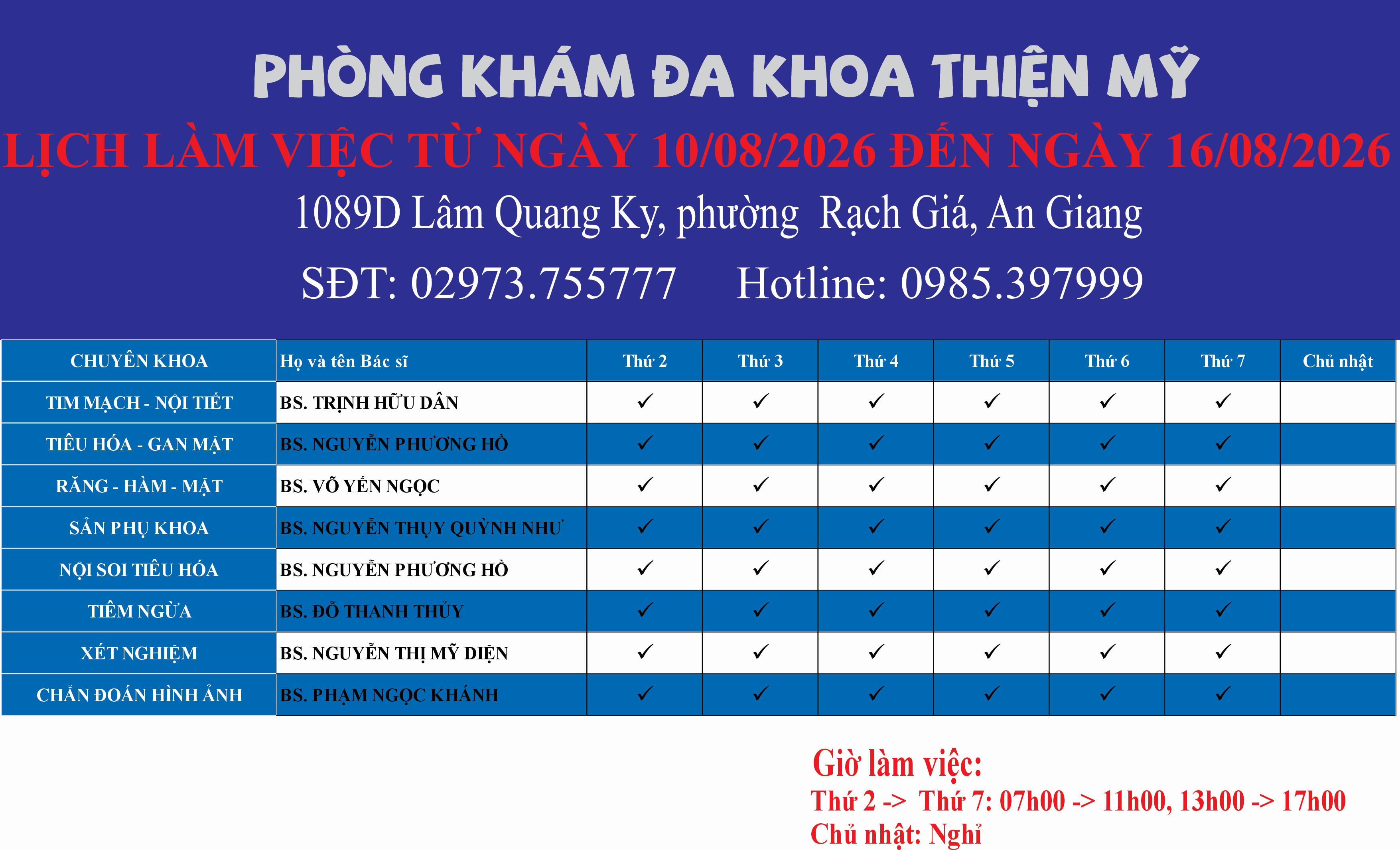 LỊCH LÀM VIỆC TỪ NGÀY 10/08/2026 ĐẾN NGÀY 16/08/2026